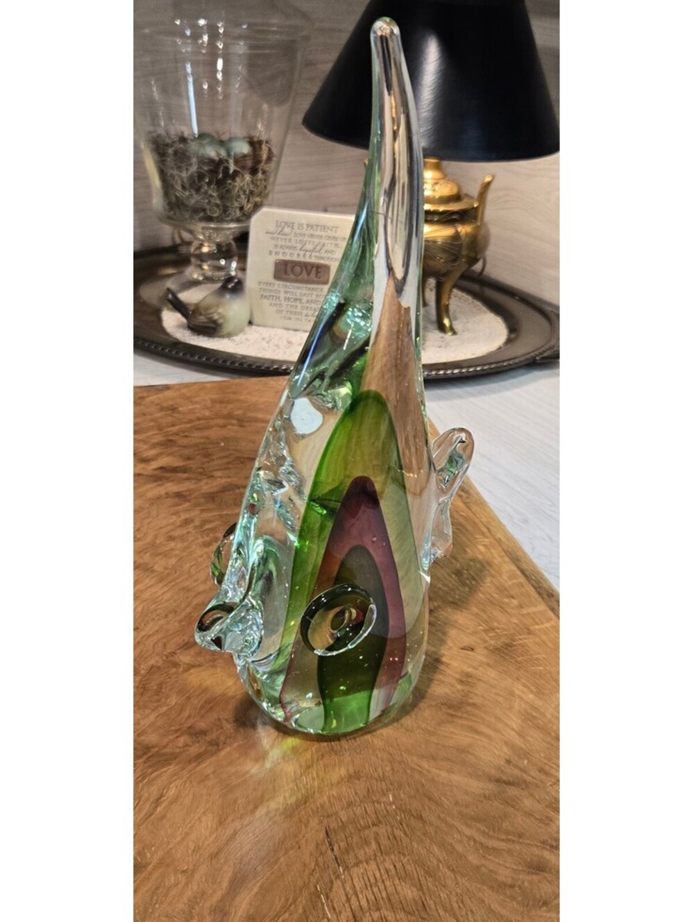Vintage Murano Style Art Glass Fish Sculpture with Green and Purple Accents